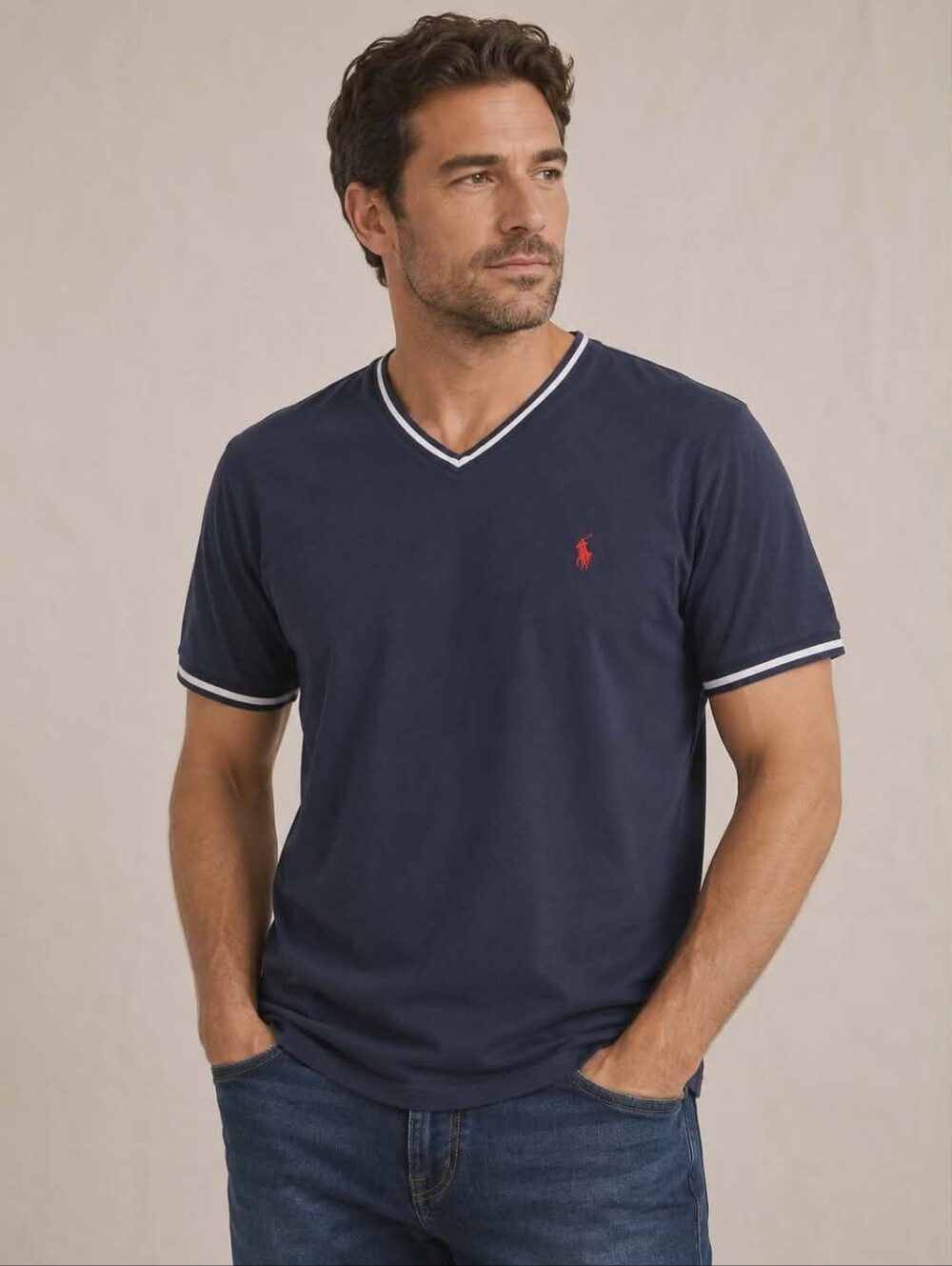 Polo by Ralph Lauren Navy V-Neck Shirt with White Trim And Red Logo Size XL Mens